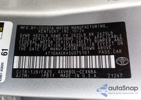 2025 Toyota Camry Le z USA, uszkodzony, nr VIN 4T1DAACK4SU075101